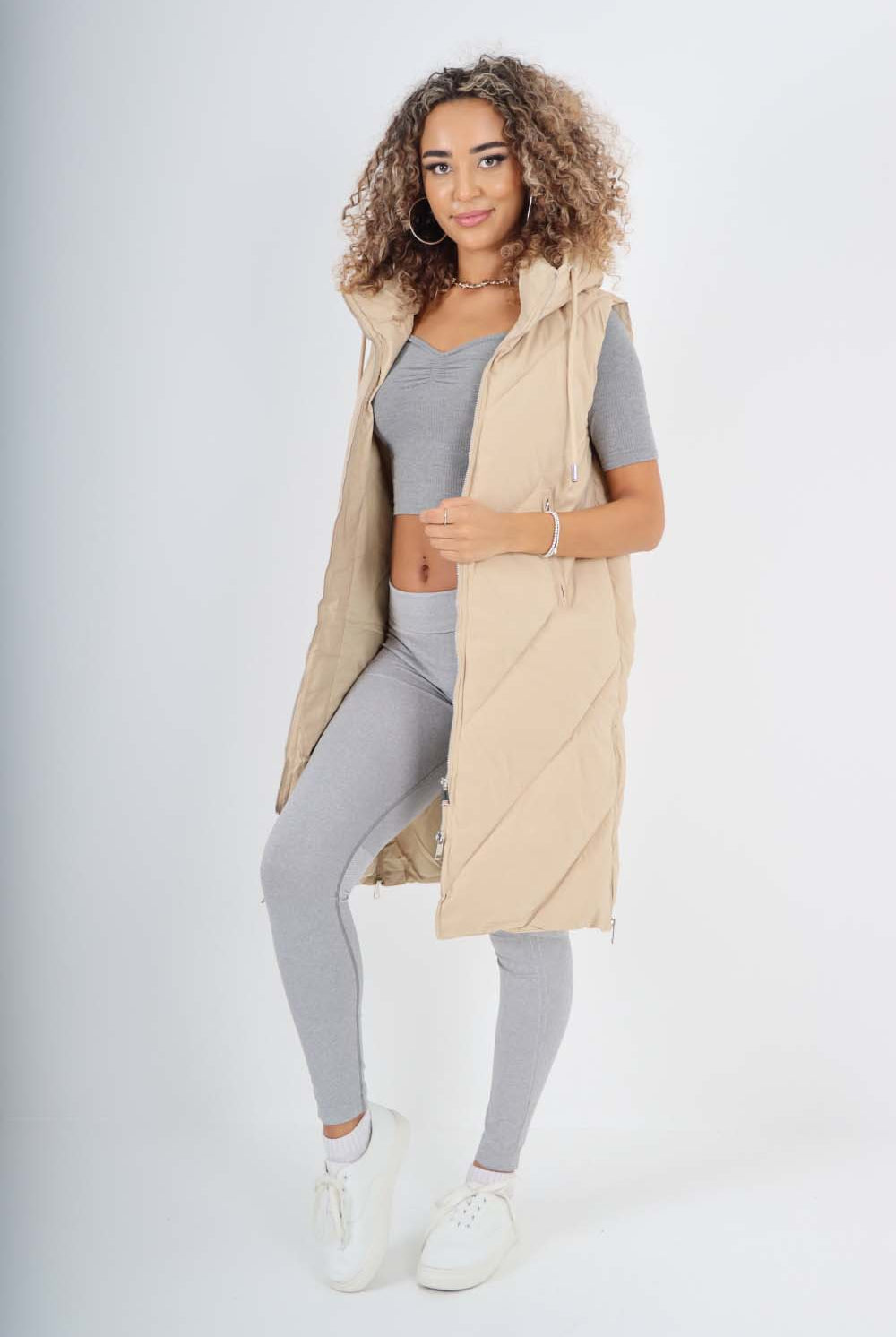 Italian Padded Pockets Hooded Zip up Long Gilet Jackets & Coat WearAll