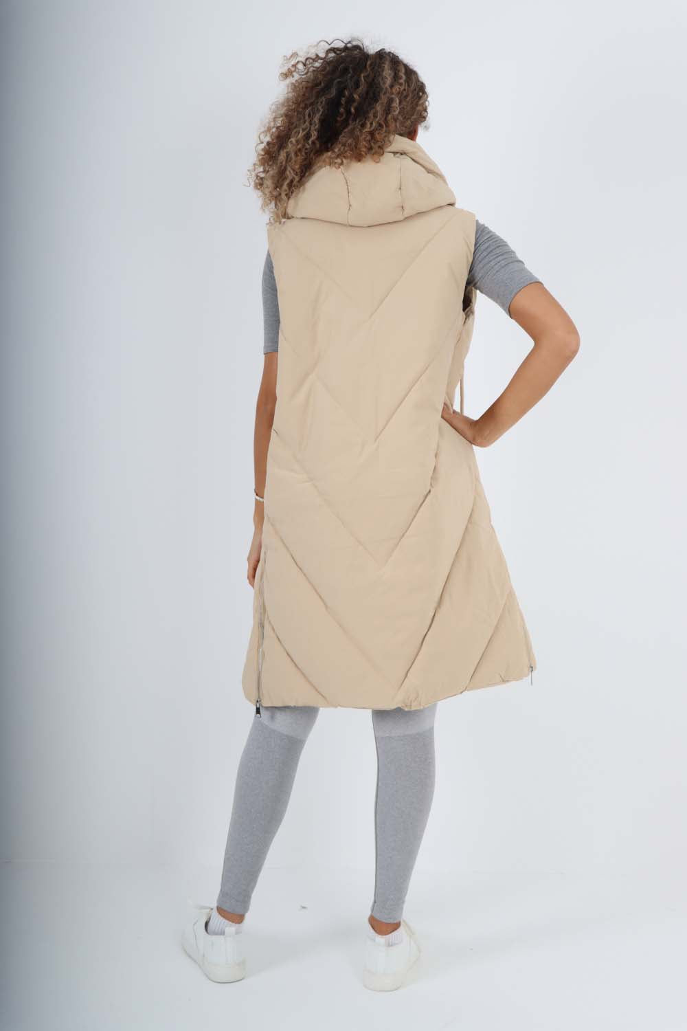 Italian Padded Pockets Hooded Zip up Long Gilet Jackets & Coat WearAll