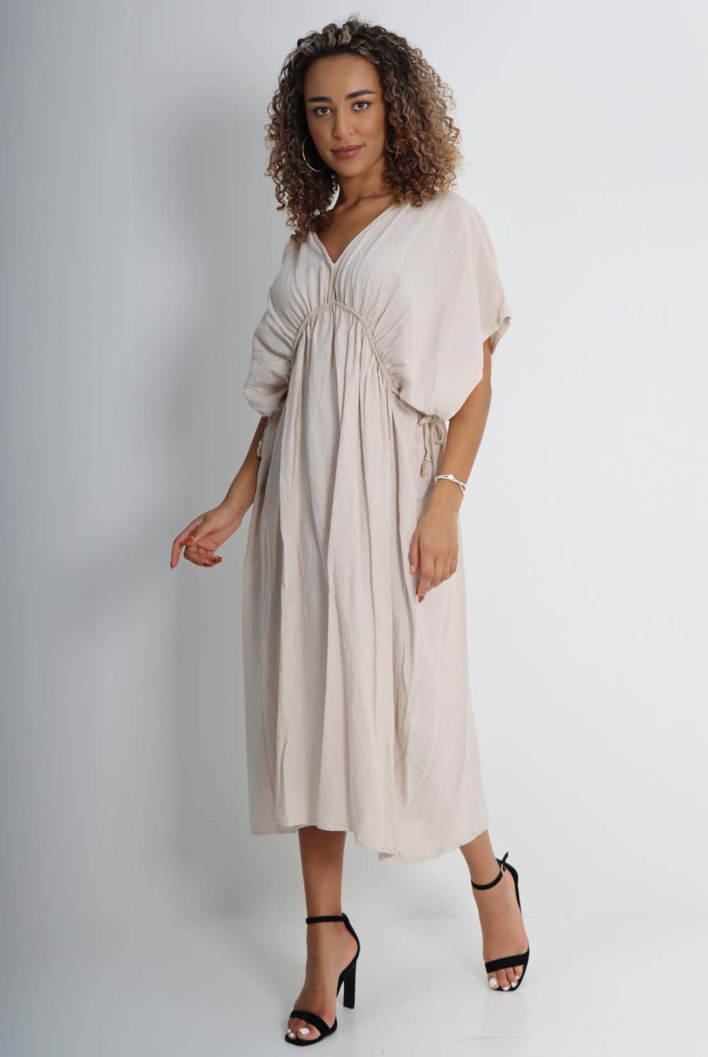 Italian Drawestring Front Flared Linen Dress Dress WearAll