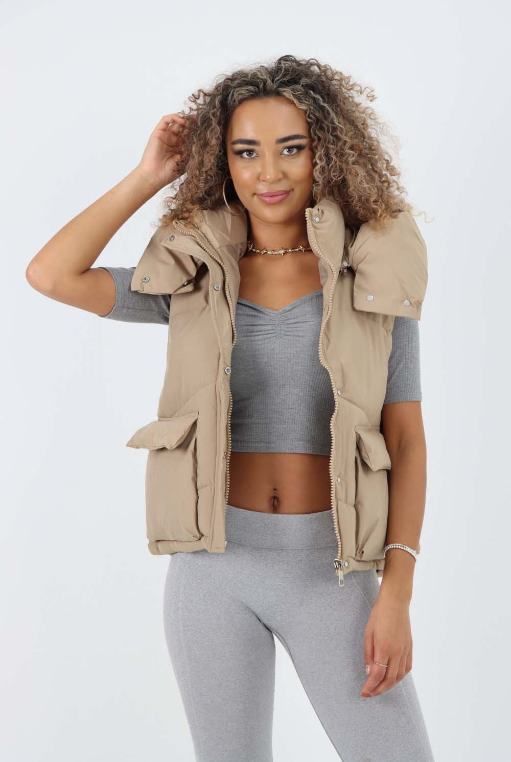 Italian Padded Pockets Hooded Gilet Jackets & Coat WearAll Beige One Size(Fits UK 8-16)