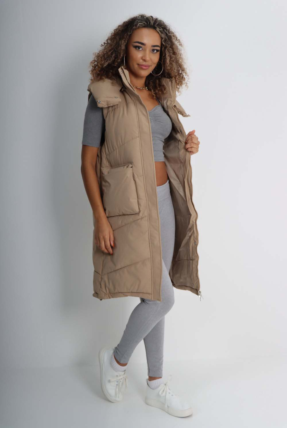 Italian Padded Pockets Hooded Long Gilet Jackets & Coat WearAll