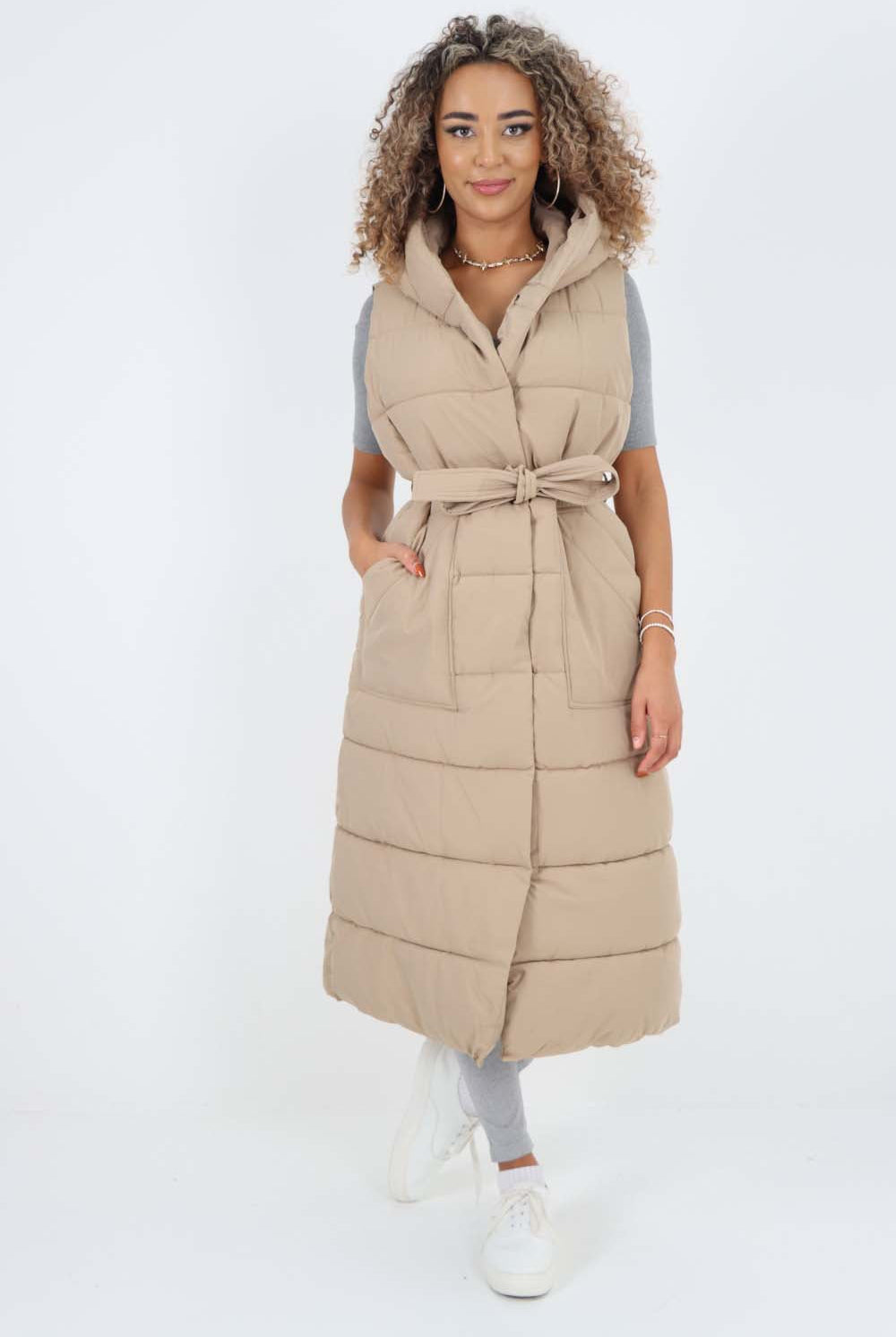 Italian Belted Hooded Long Gilet Jackets & Coat WearAll Beige One Size(Fits UK 10-18)