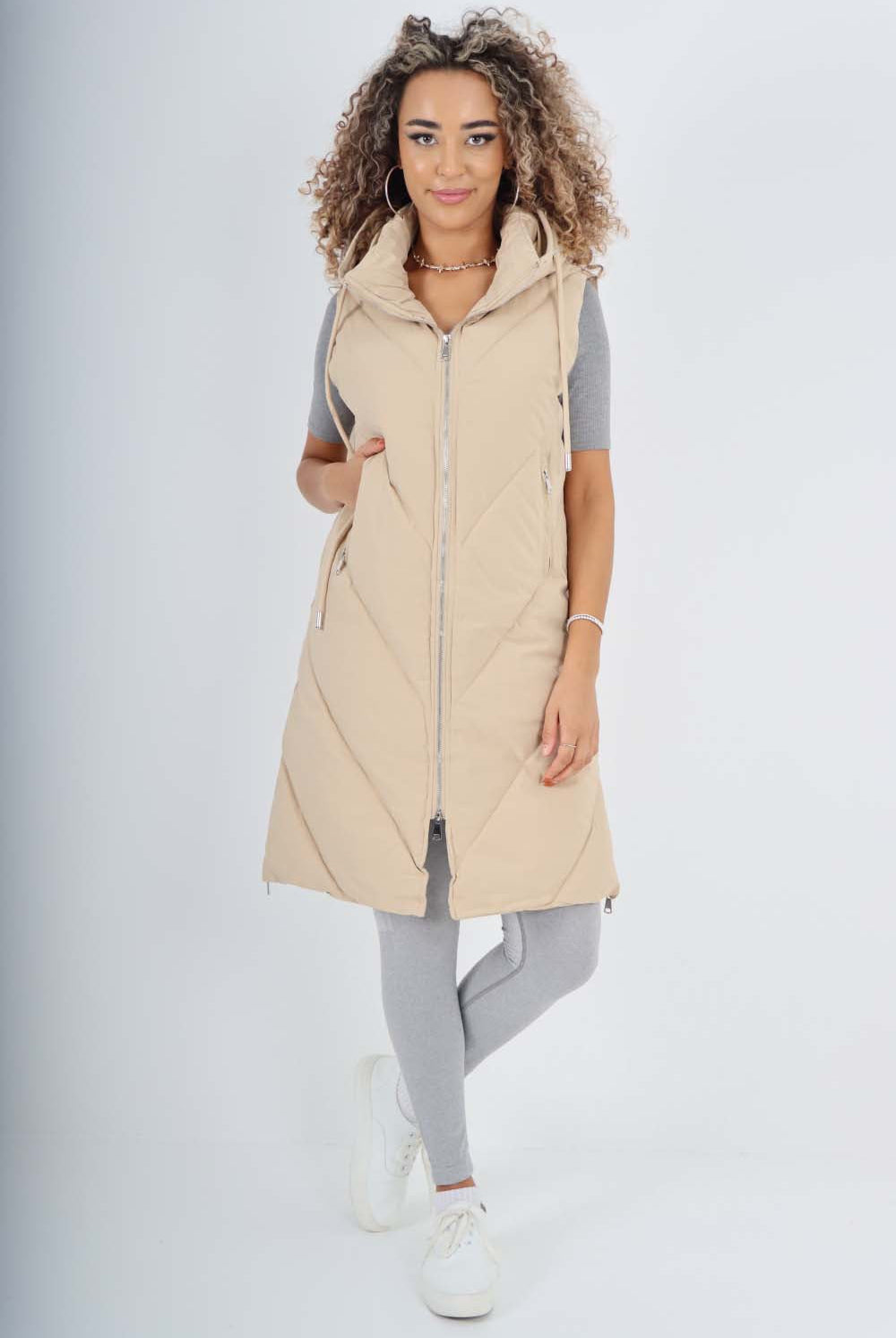 Italian Padded Pockets Hooded Zip up Long Gilet Jackets & Coat WearAll