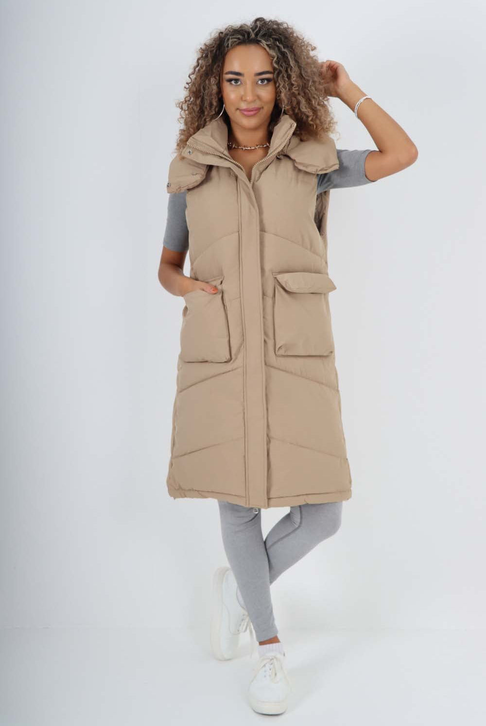Italian Padded Pockets Hooded Long Gilet Jackets & Coat WearAll