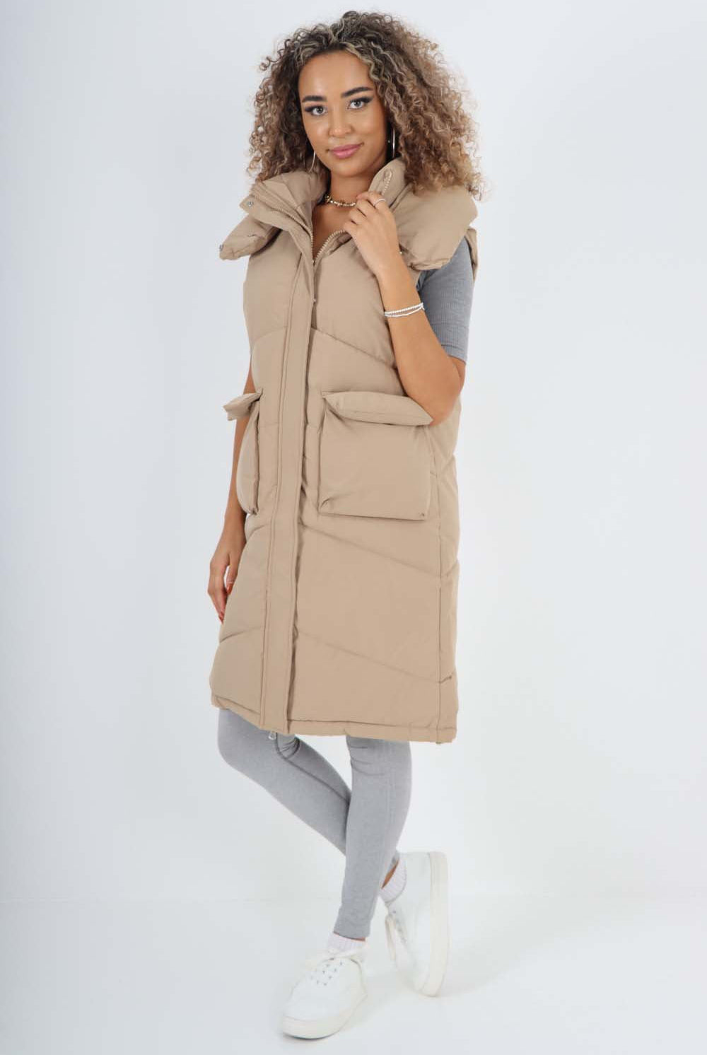 Italian Padded Pockets Hooded Long Gilet Jackets & Coat WearAll