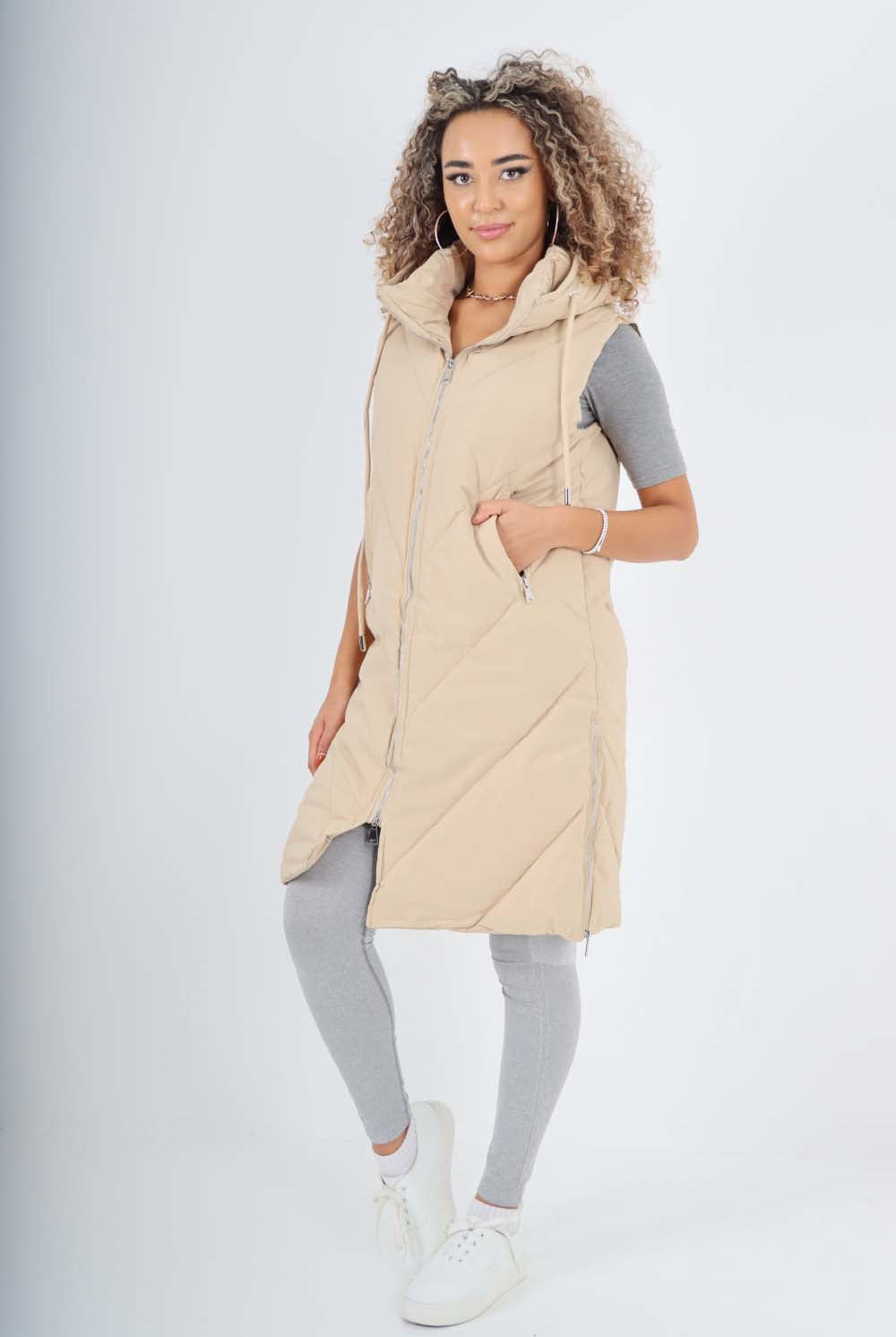 Italian Padded Pockets Hooded Zip up Long Gilet Jackets & Coat WearAll