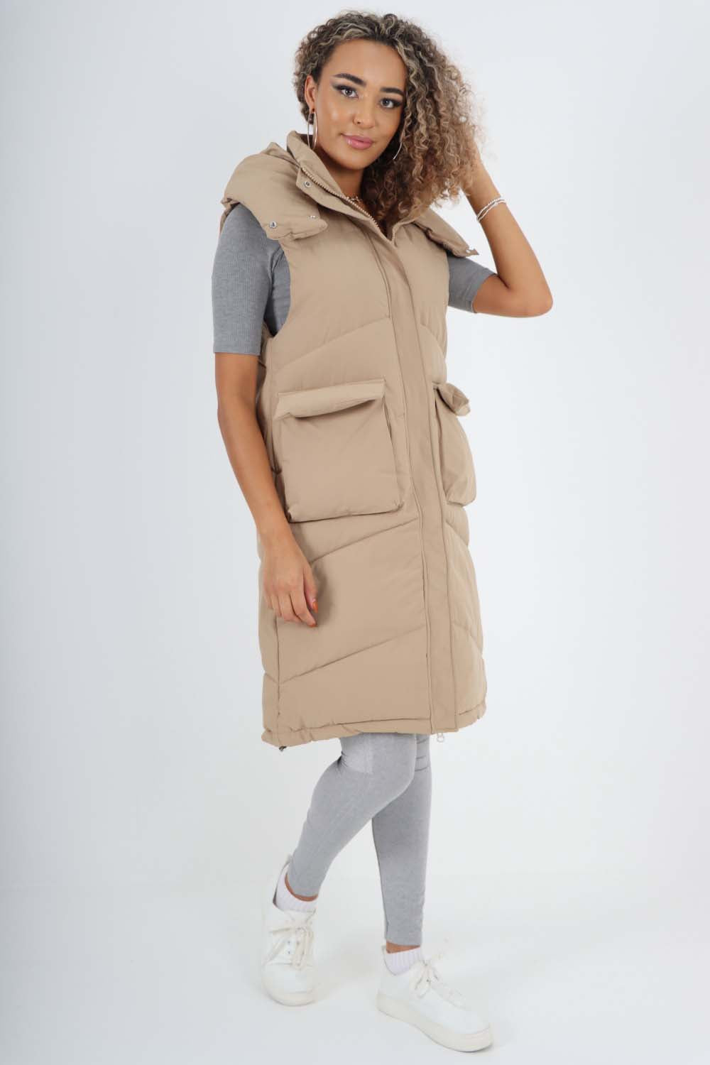 Italian Padded Pockets Hooded Long Gilet Jackets & Coat WearAll