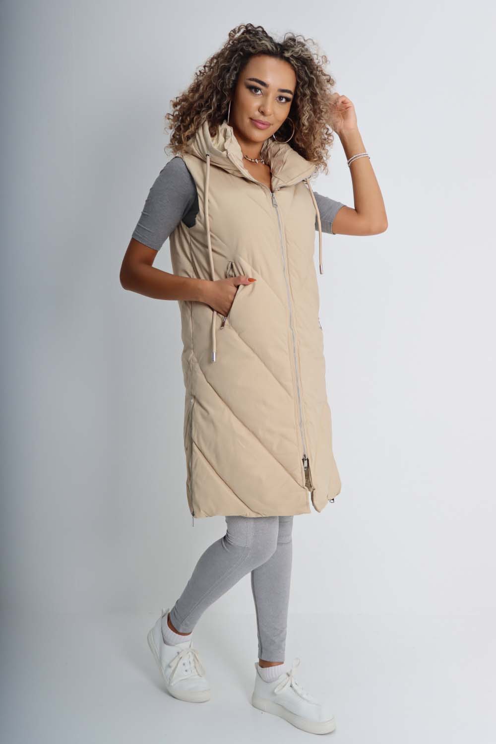 Italian Padded Pockets Hooded Zip up Long Gilet Jackets & Coat WearAll