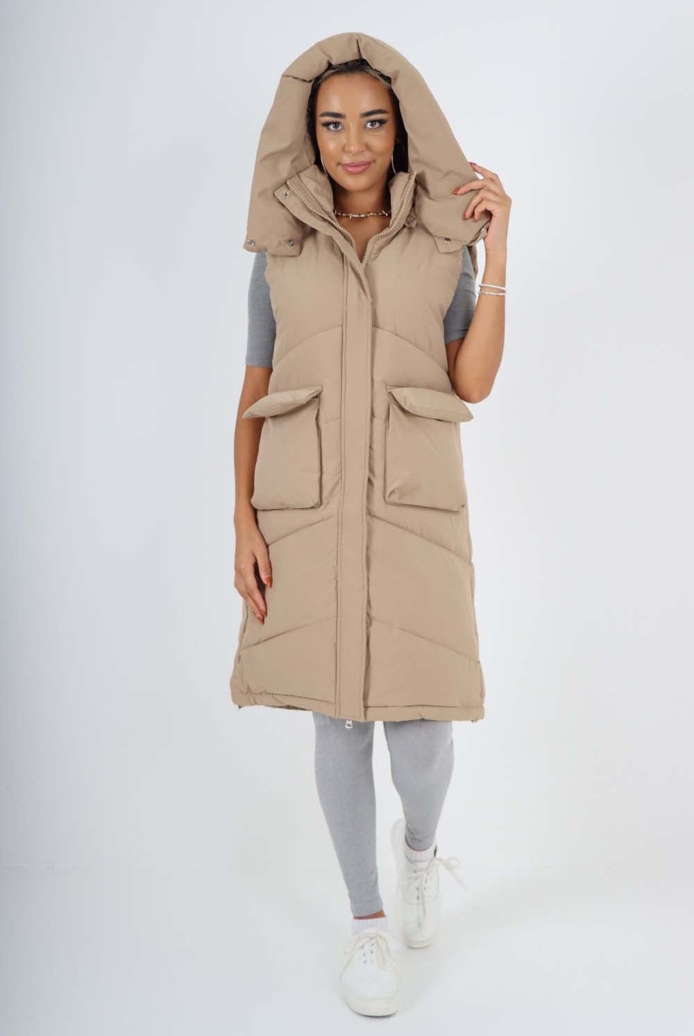 Italian Padded Pockets Hooded Long Gilet Jackets & Coat WearAll