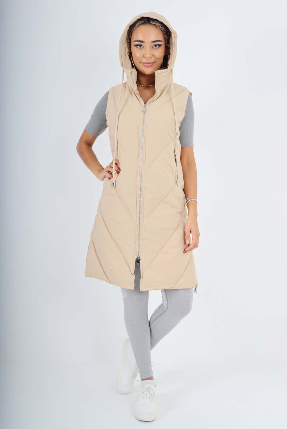 Italian Padded Pockets Hooded Zip up Long Gilet Jackets & Coat WearAll