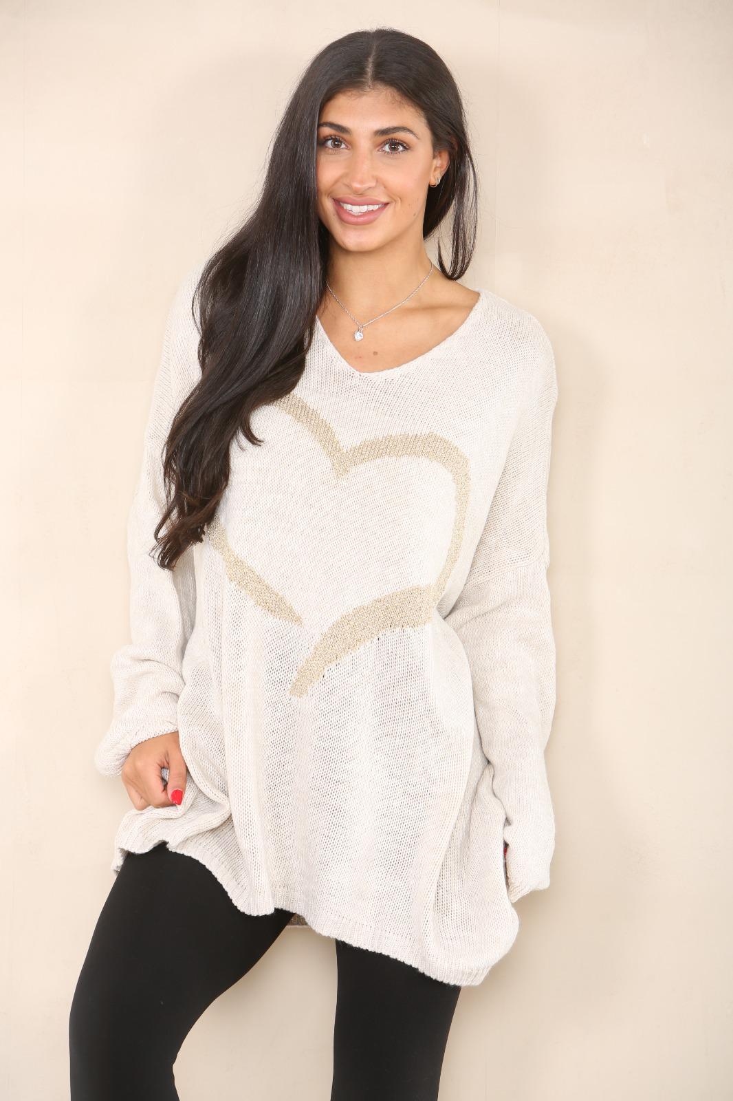 Oversized Heart Print Jumper Top Shirts WearAll Beige 12-24