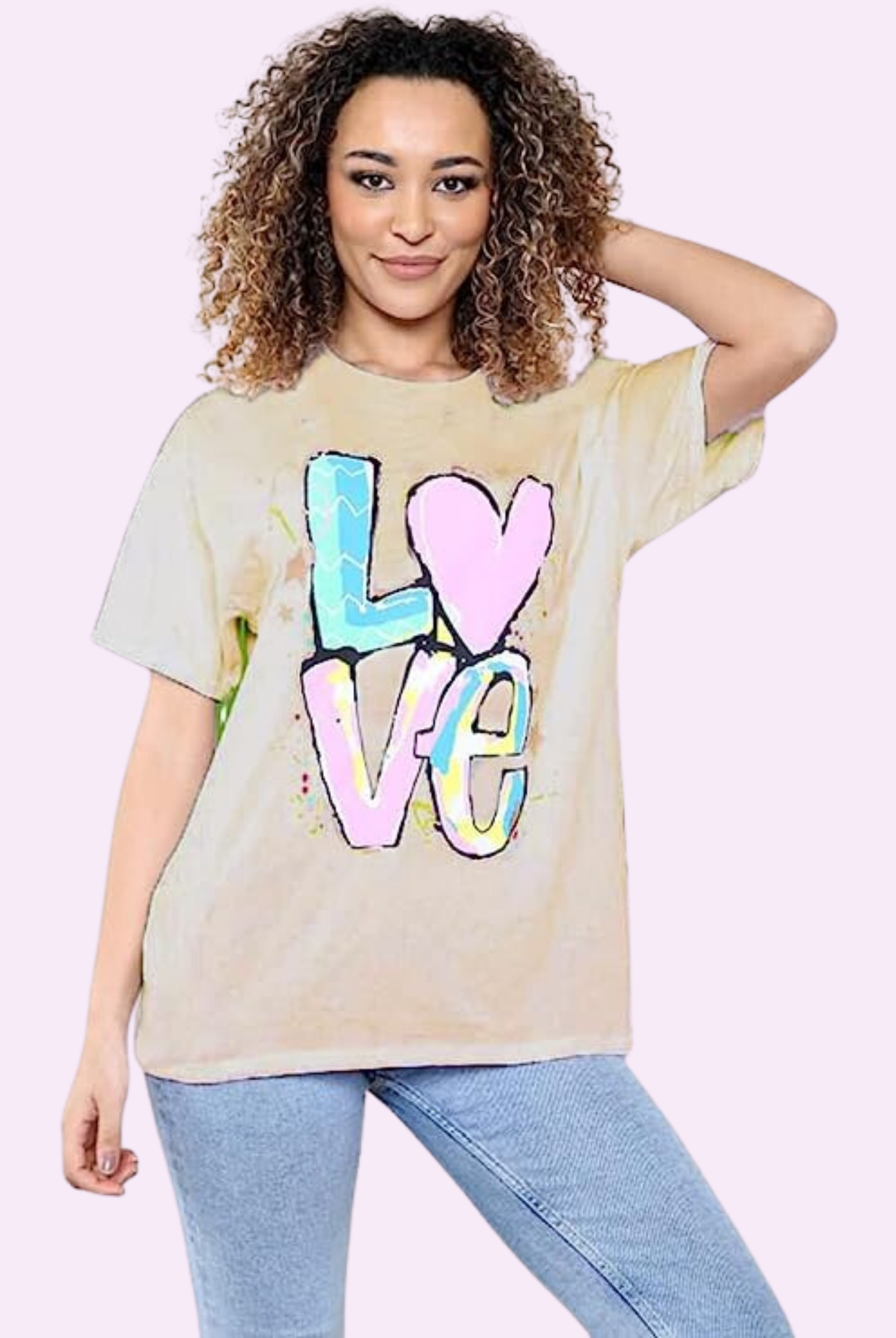 Oversized Love Print T-Shirt Shirts & Tops WearAll Beige 8-10