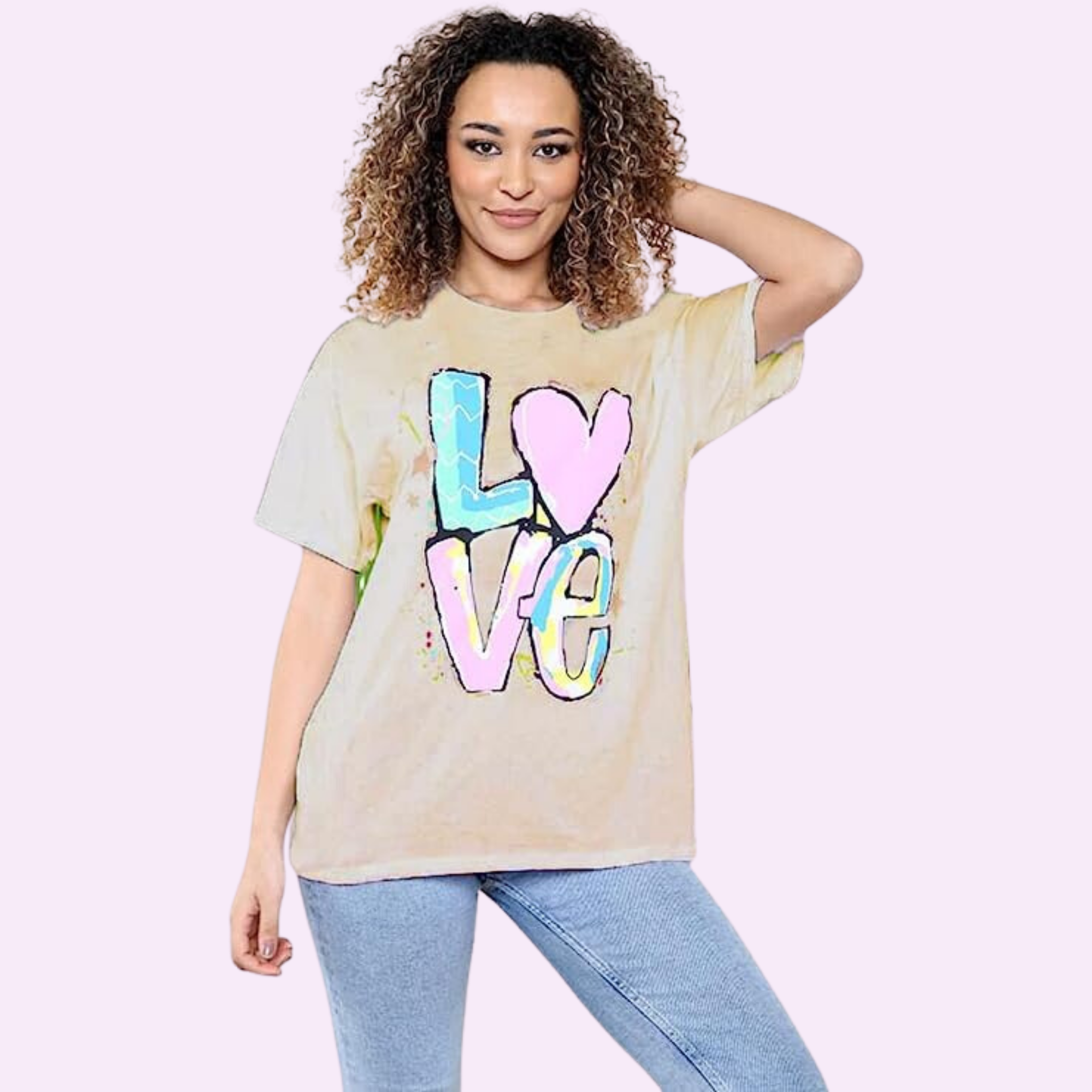Oversized Love Print T-Shirt Shirts & Tops WearAll Beige 8-10