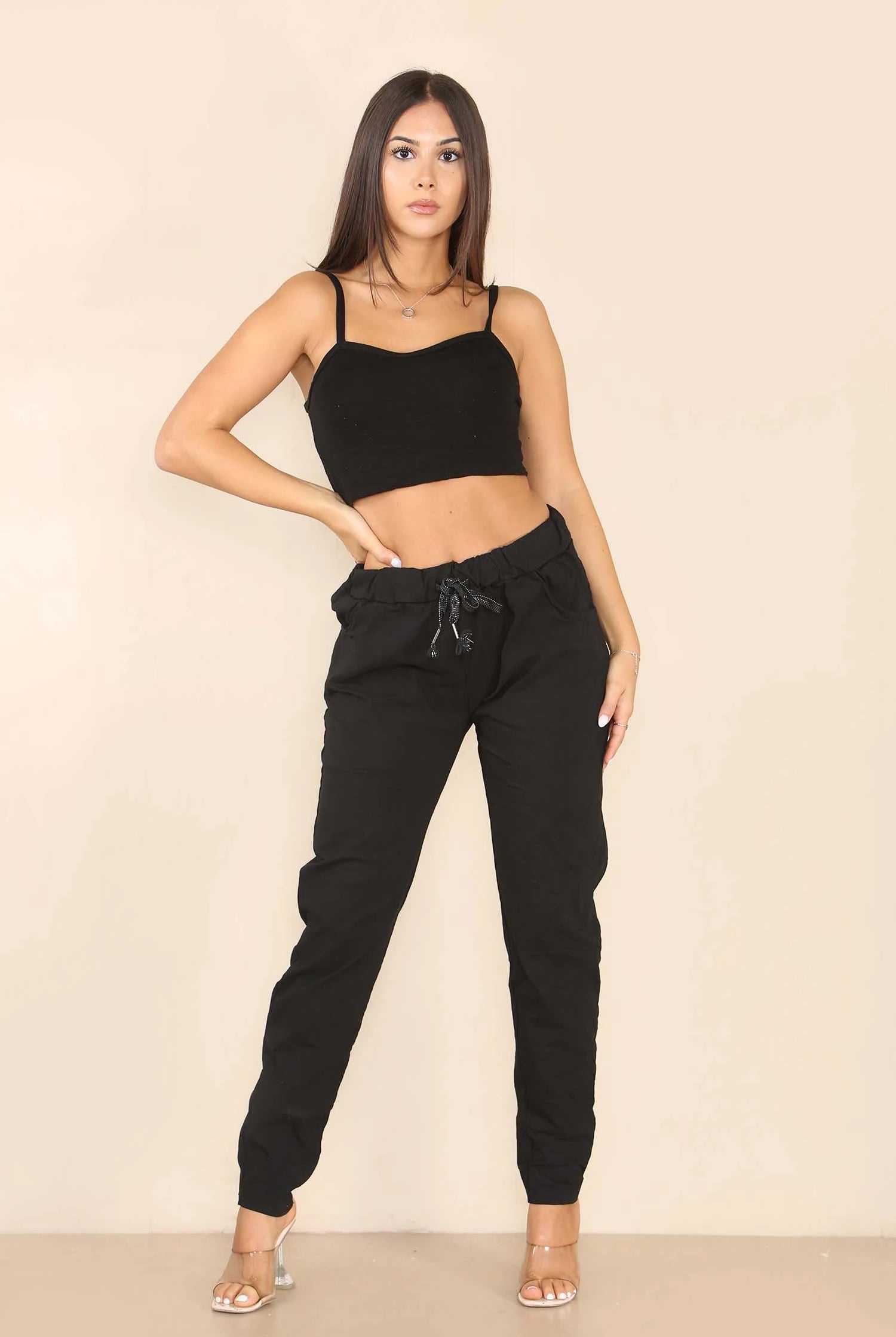 Italian Glitter Drawstring Waistband Magic Pants Trouser WearAll Black 8