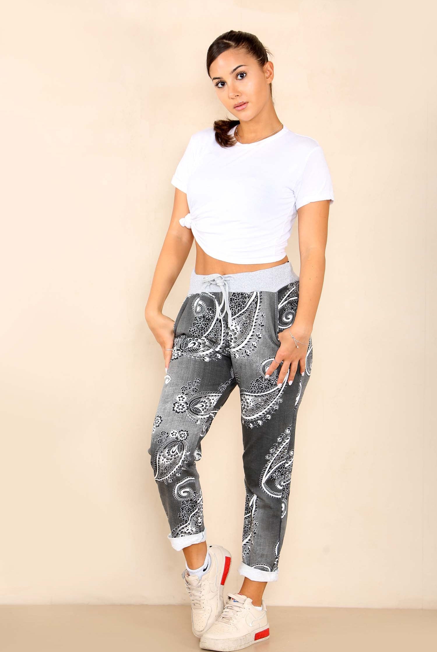 Italian Paisley Print Drawstring Cotton Joggers Trouser WearAll