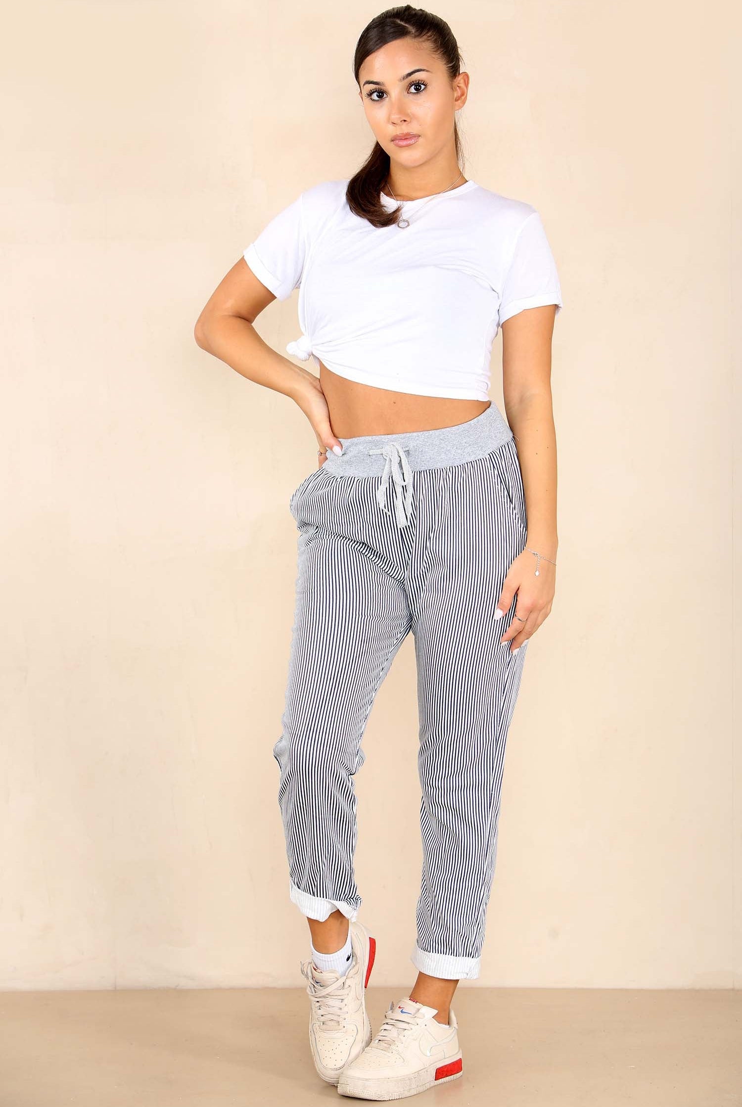 Italian Thin Stripes Print Drawstring Cotton Joggers Trouser WearAll