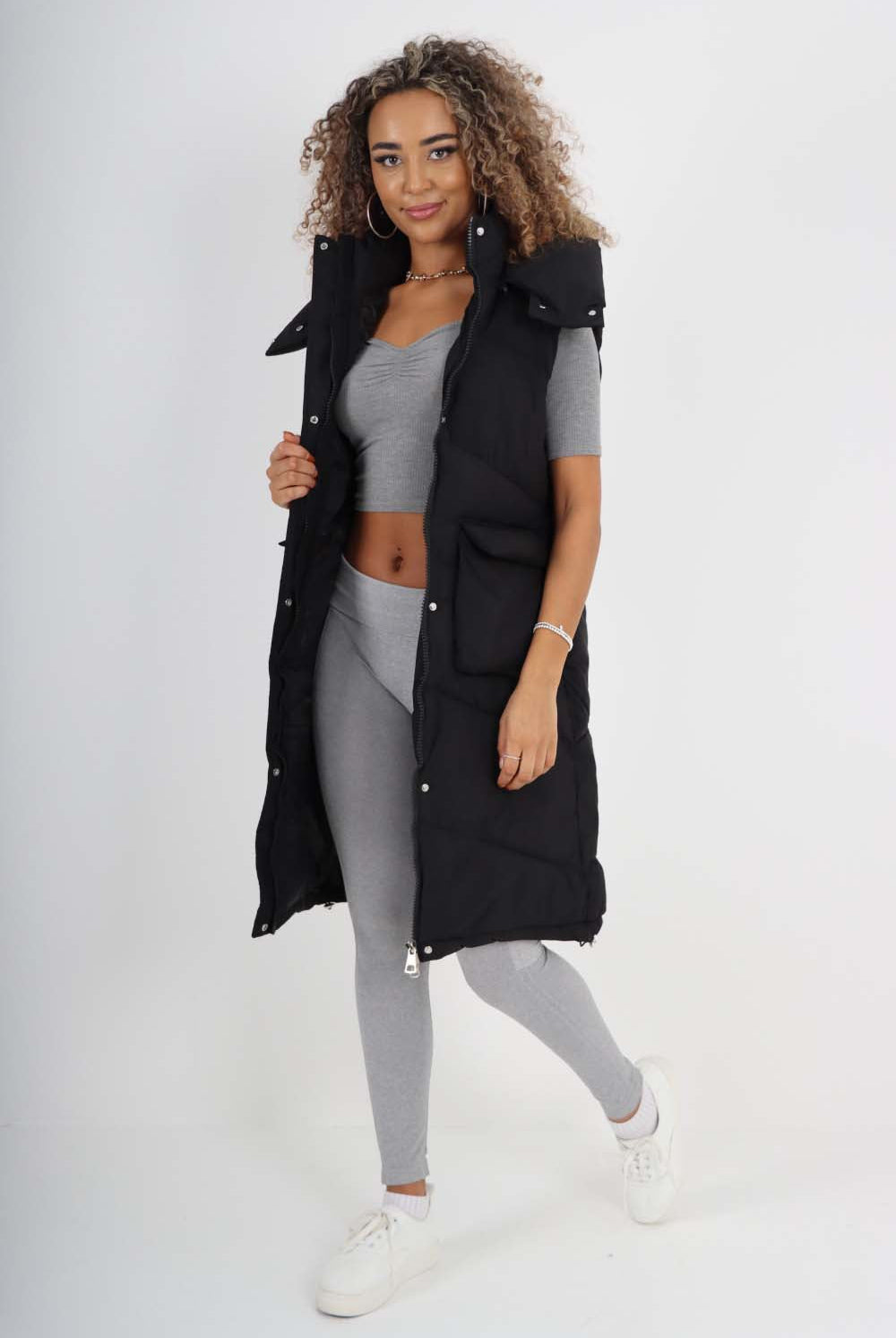 Italian Padded Pockets Hooded Long Gilet Jackets & Coat WearAll