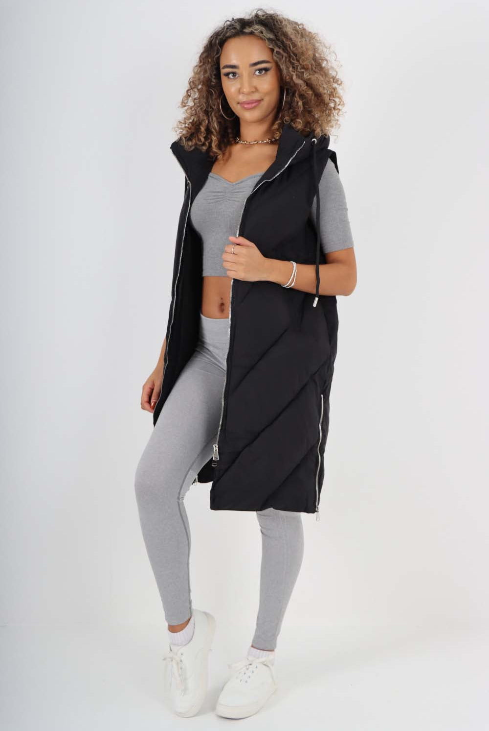 Italian Padded Pockets Hooded Zip up Long Gilet Jackets & Coat WearAll