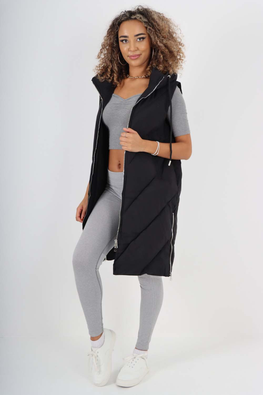 Italian Padded Pockets Hooded Zip up Long Gilet Jackets & Coat WearAll