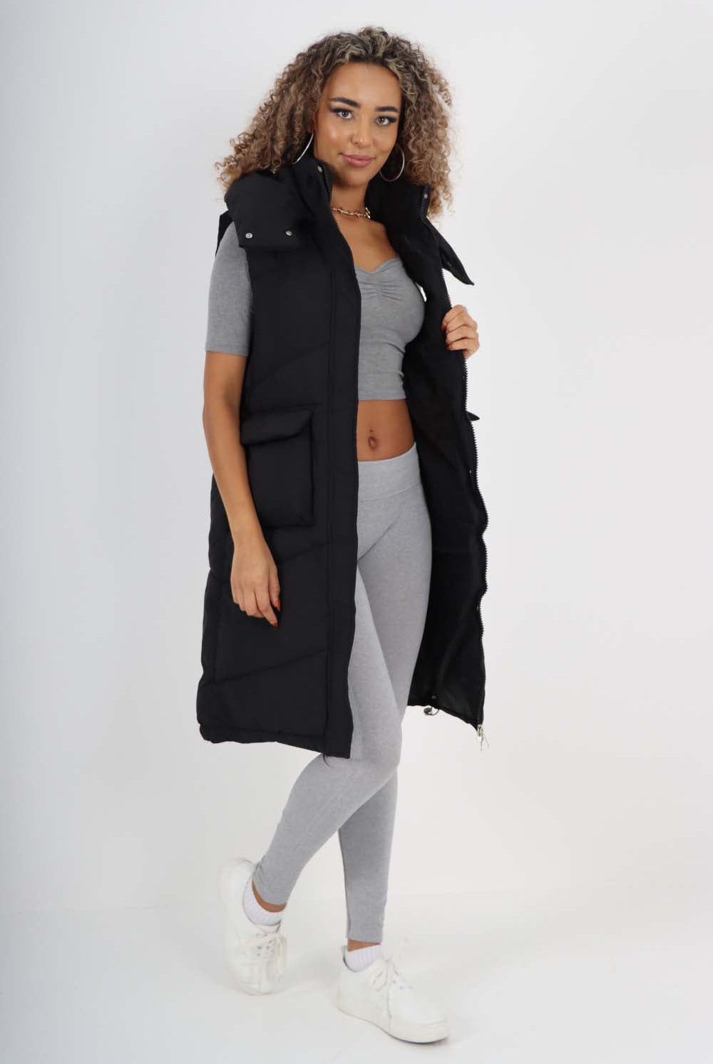 Italian Padded Pockets Hooded Long Gilet Jackets & Coat WearAll