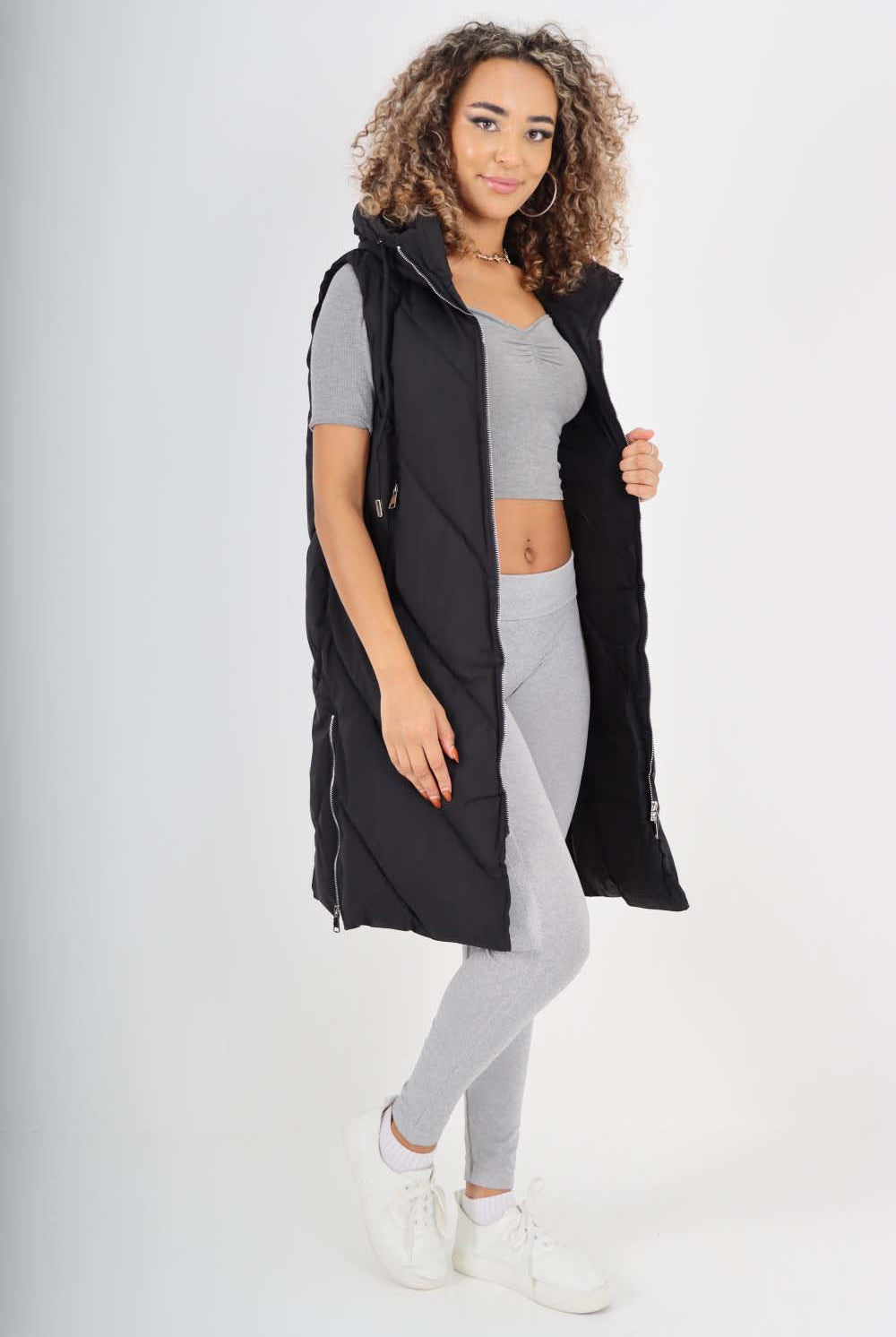 Italian Padded Pockets Hooded Zip up Long Gilet Jackets & Coat WearAll