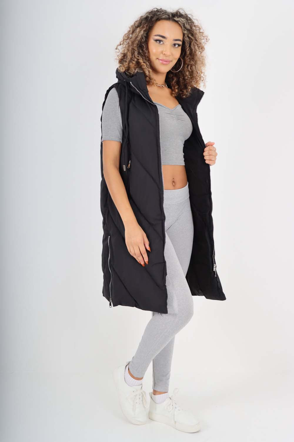 Italian Padded Pockets Hooded Zip up Long Gilet Jackets & Coat WearAll