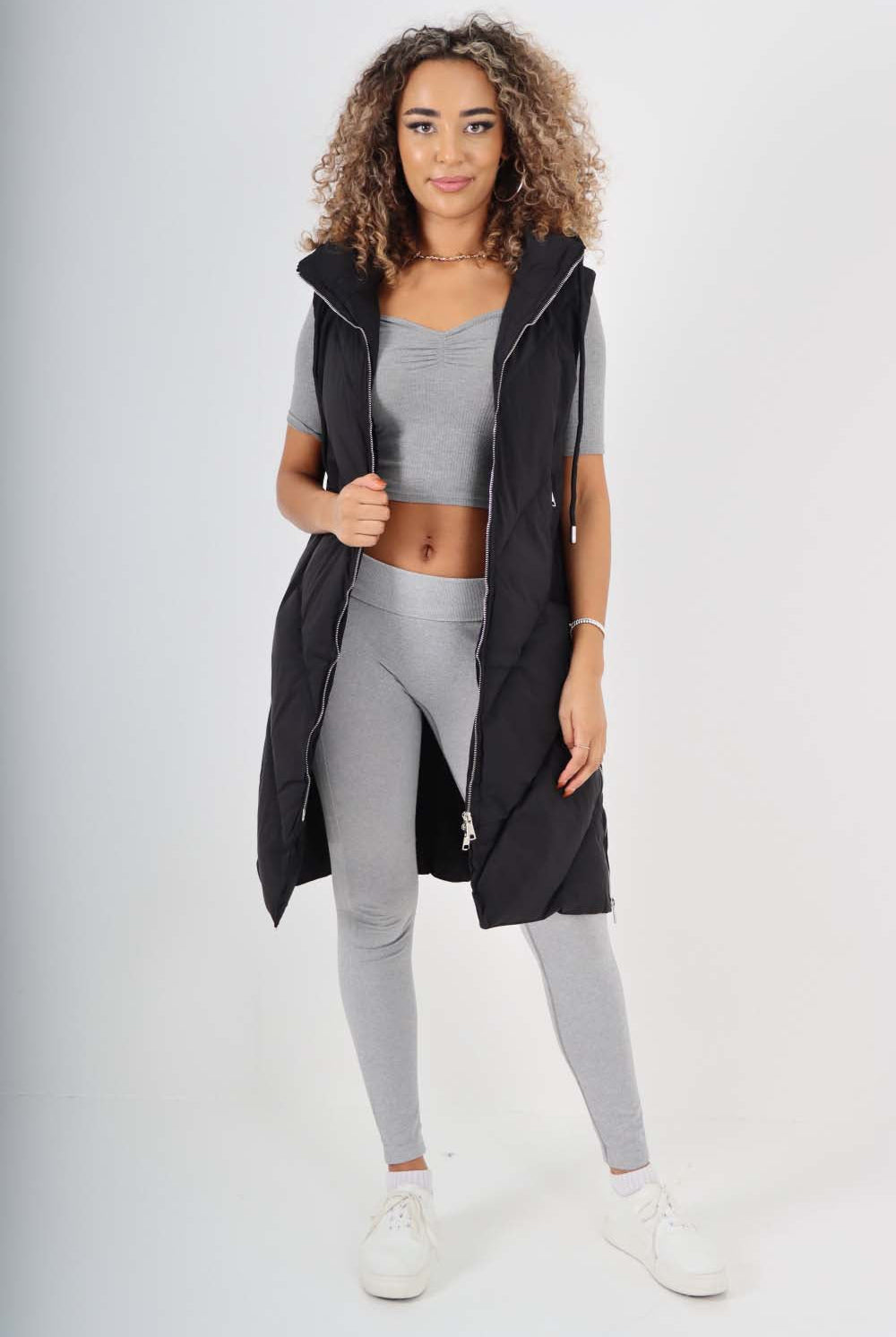 Italian Padded Pockets Hooded Zip up Long Gilet Jackets & Coat WearAll Black One Size(Fits UK 10-18)