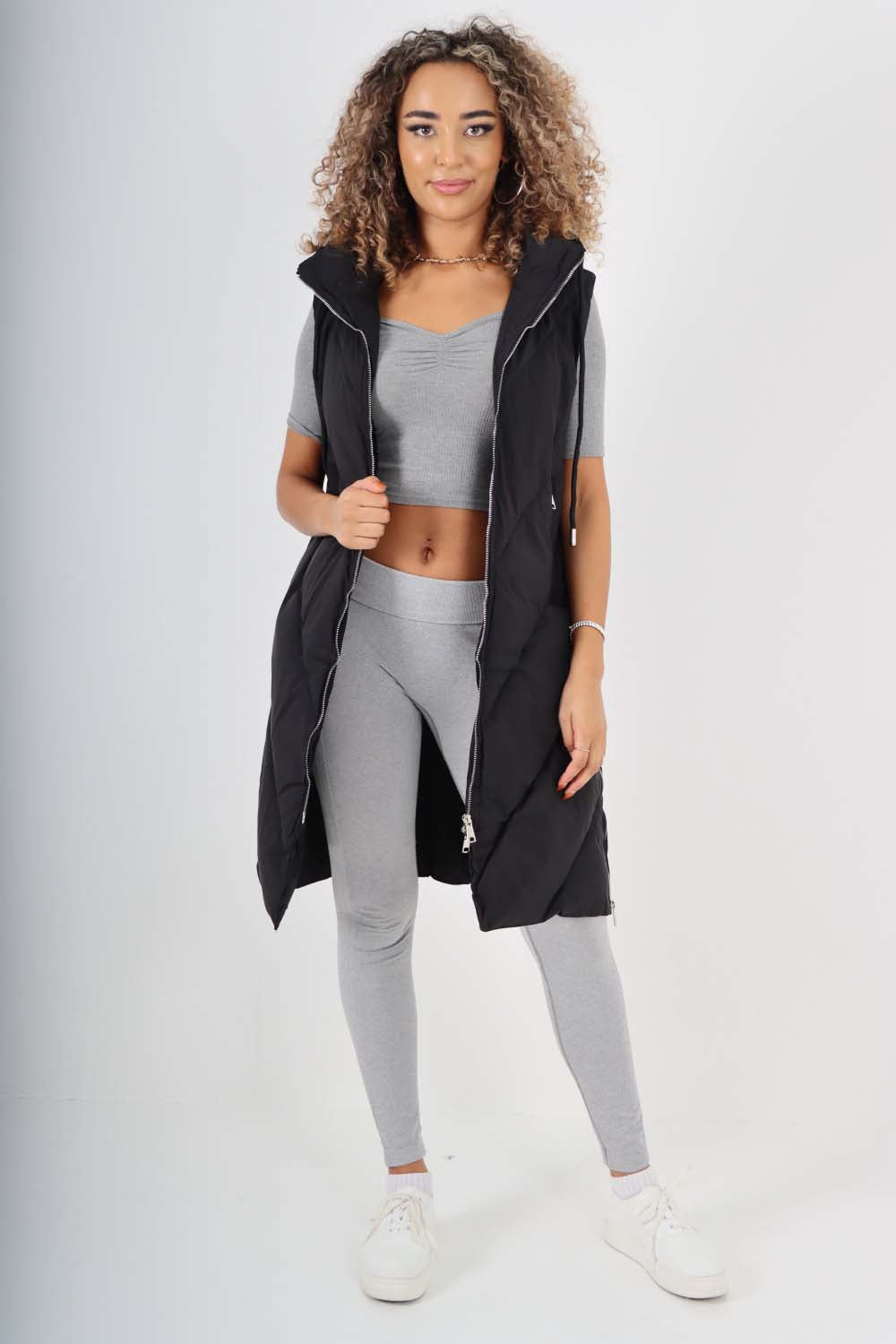 Italian Padded Pockets Hooded Zip up Long Gilet Jackets & Coat WearAll Black One Size(Fits UK 10-18)