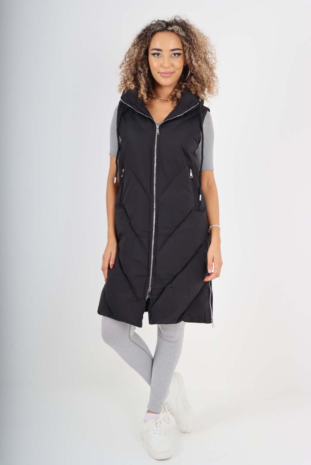 Italian Padded Pockets Hooded Zip up Long Gilet Jackets & Coat WearAll