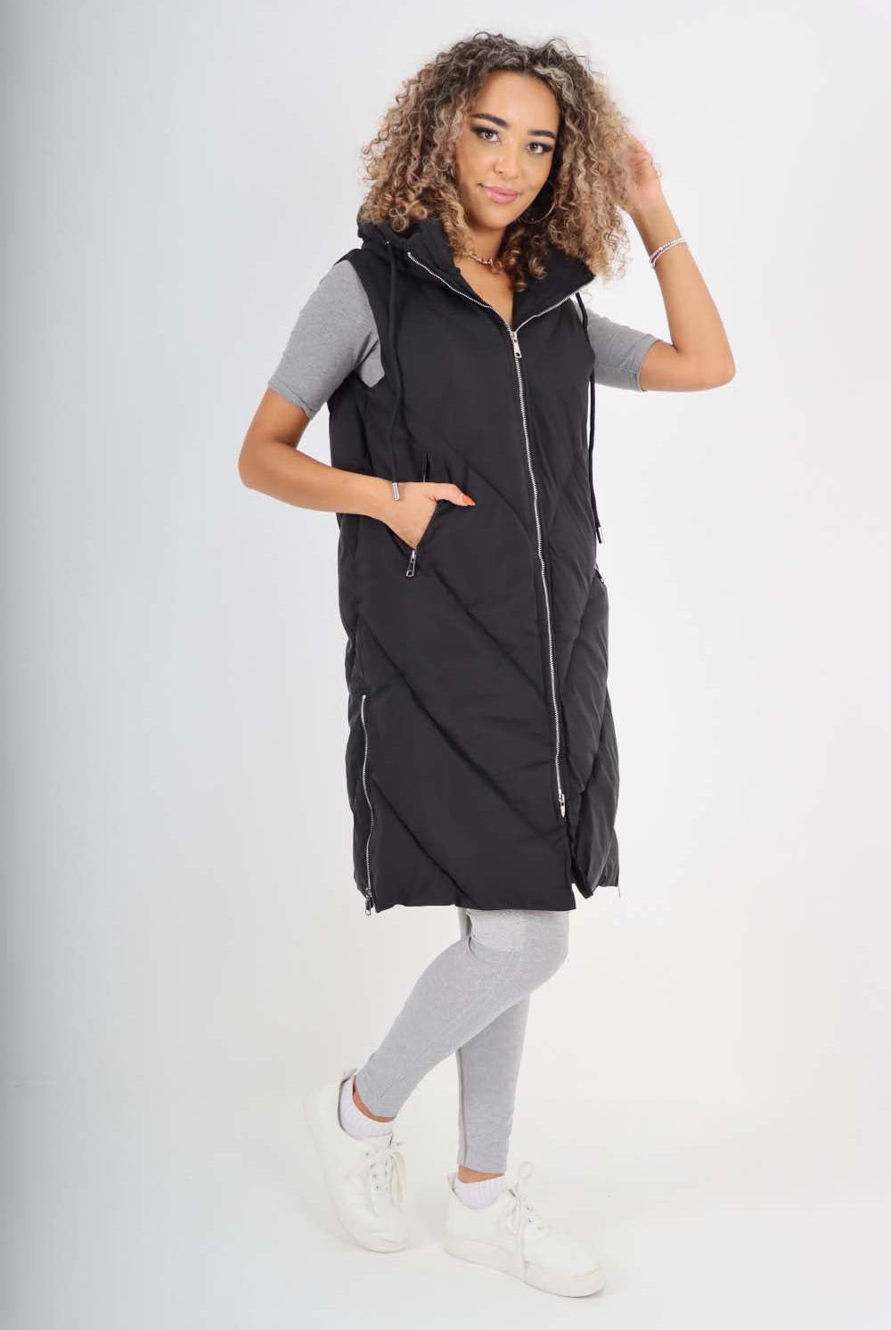 Italian Padded Pockets Hooded Zip up Long Gilet Jackets & Coat WearAll