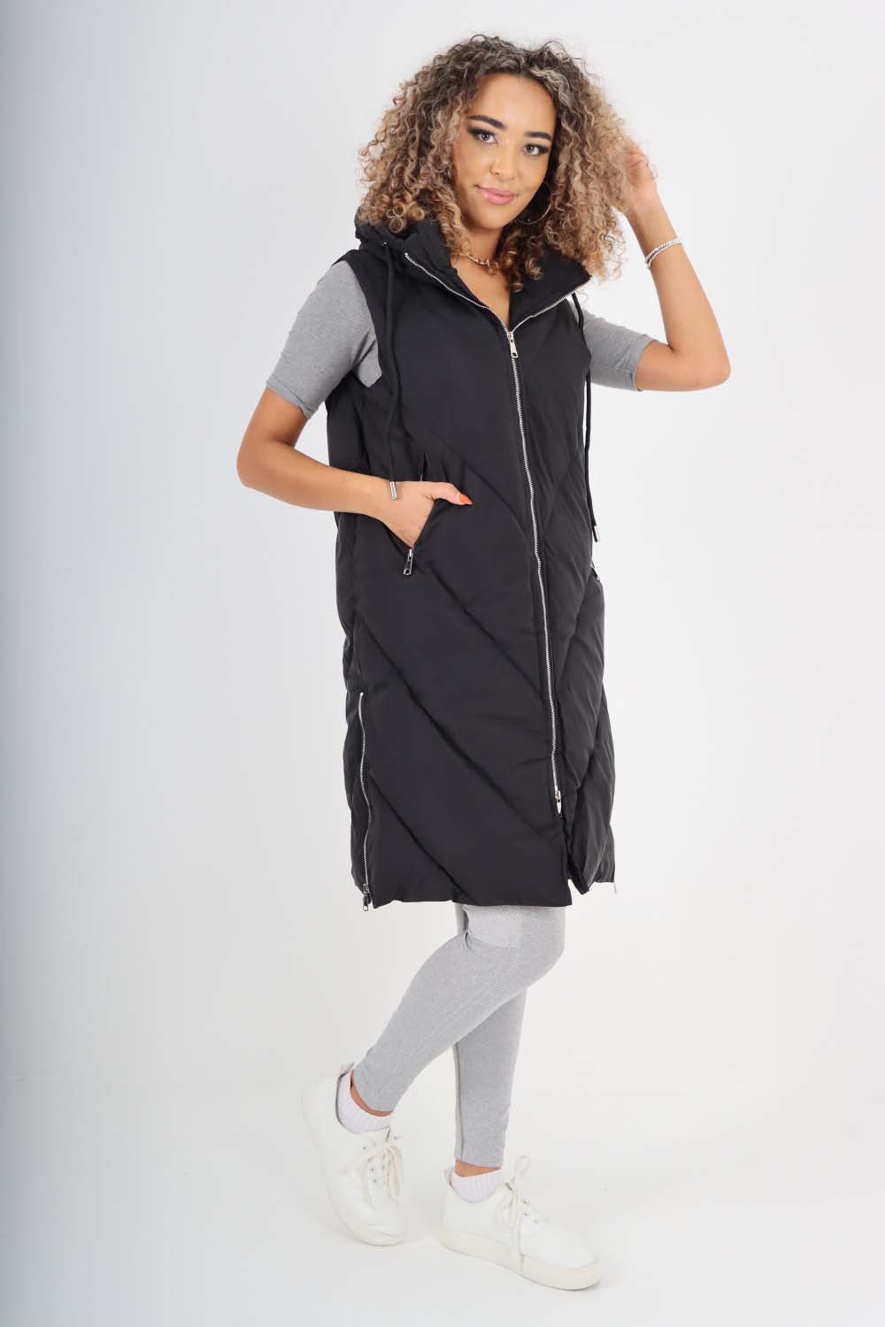 Italian Padded Pockets Hooded Zip up Long Gilet Jackets & Coat WearAll