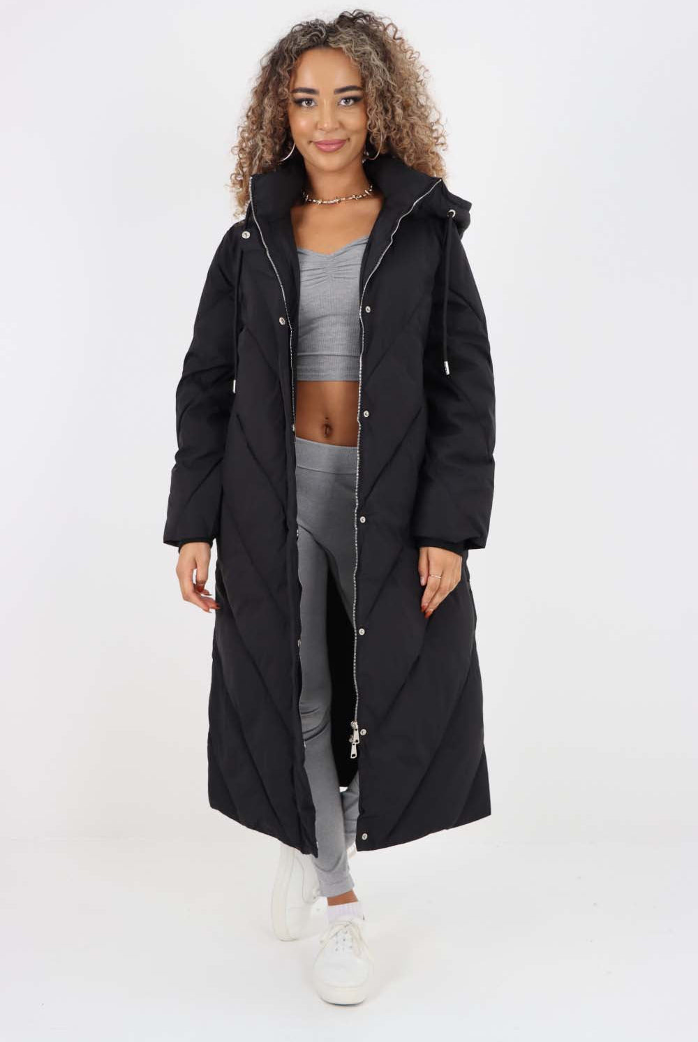 Italian Quilted Hooded Long Jacket Coat Jackets & Coat WearAll Black One Size (8-18)