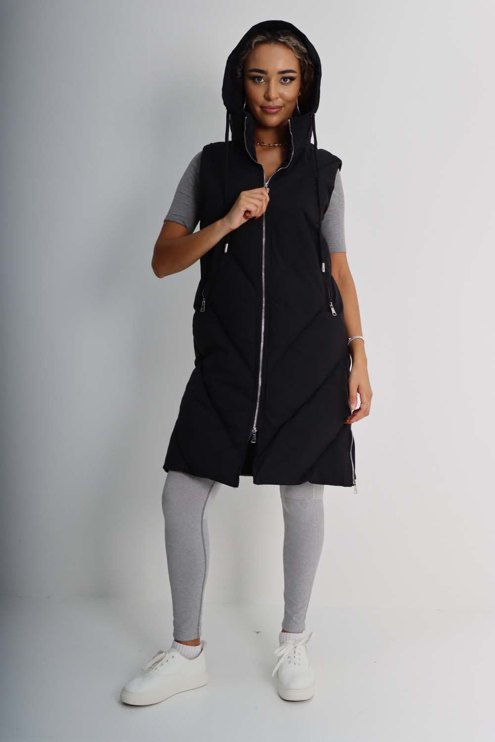 Italian Padded Pockets Hooded Zip up Long Gilet Jackets & Coat WearAll