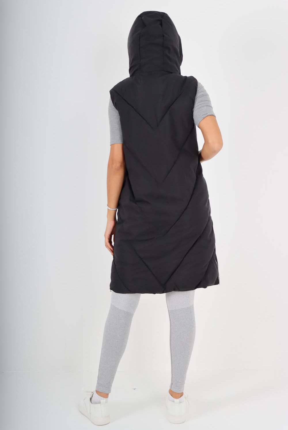 Italian Padded Pockets Hooded Zip up Long Gilet Jackets & Coat WearAll