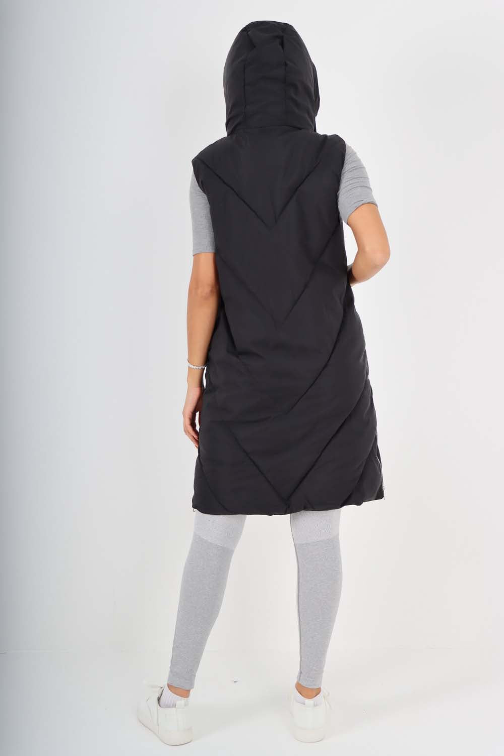 Italian Padded Pockets Hooded Zip up Long Gilet Jackets & Coat WearAll