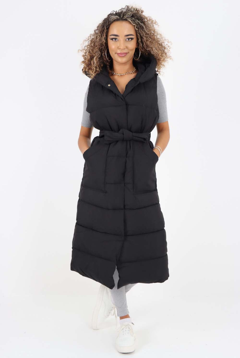 Italian Belted Hooded Long Gilet Jackets & Coat WearAll Black One Size(Fits UK 10-18)