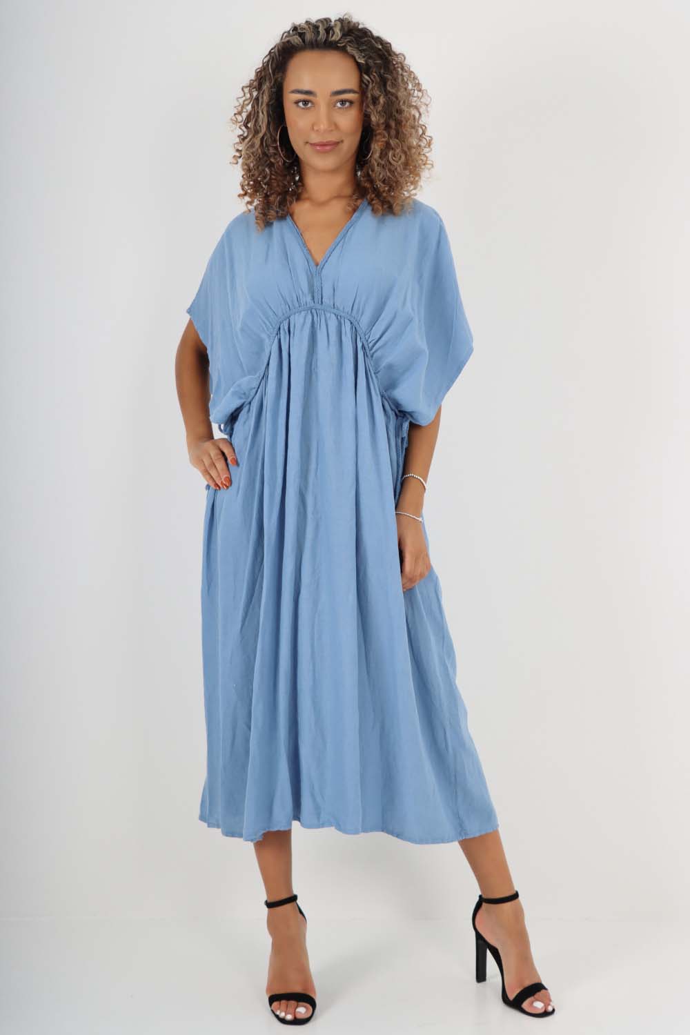 Italian Drawestring Front Flared Linen Dress Dress WearAll Blue One Size (Fits UK 12-22)