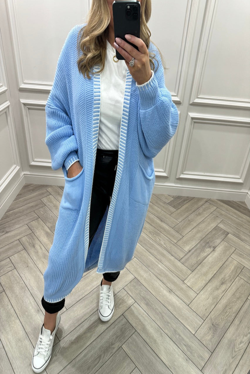 BLANKET STITCH HEM LONGLINE CARDIGAN One Size (8-18) Knitted Cardigan WearAll Sky One Size