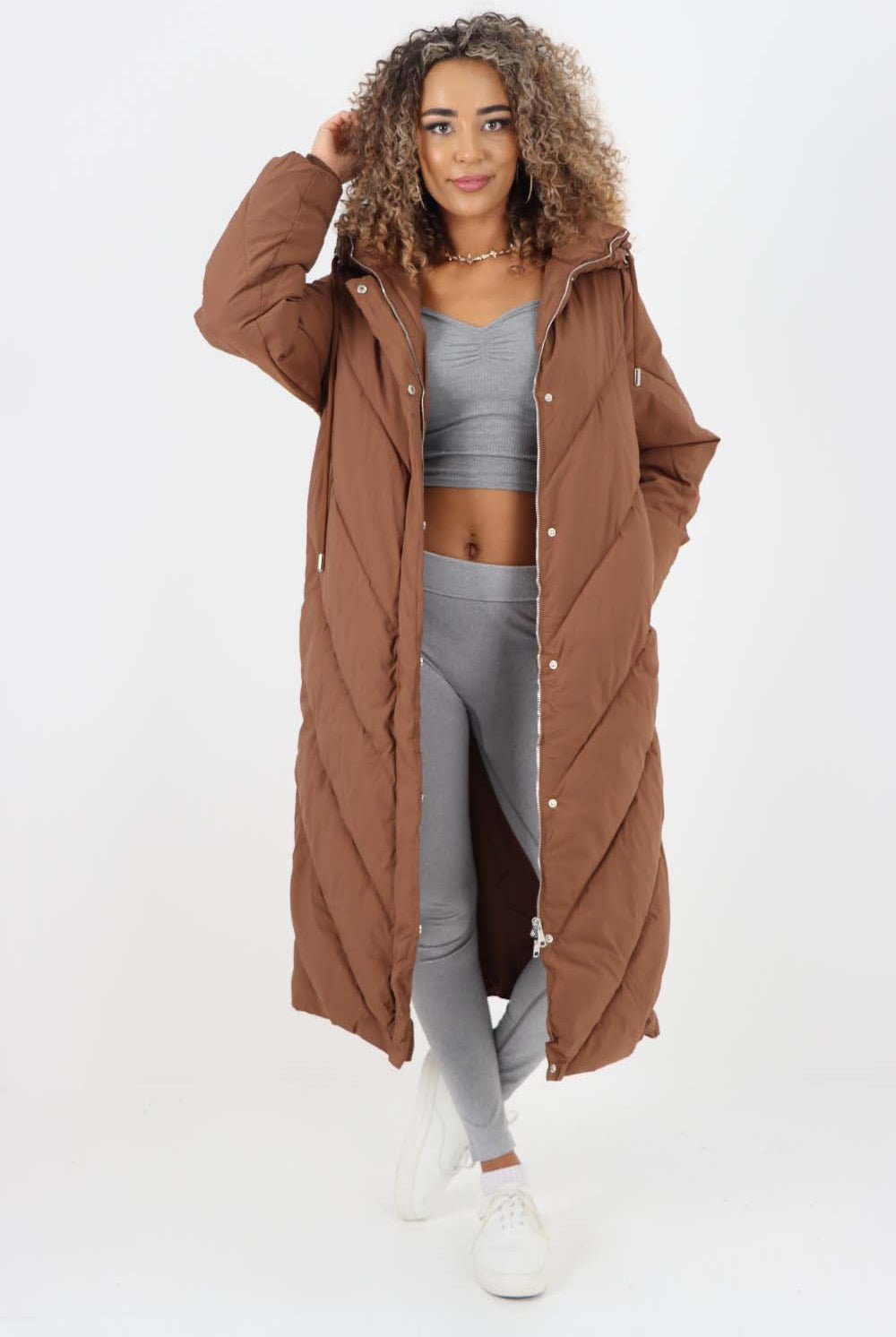 Italian Quilted Hooded Long Jacket Coat Jackets & Coat WearAll Brown One Size (8-18)