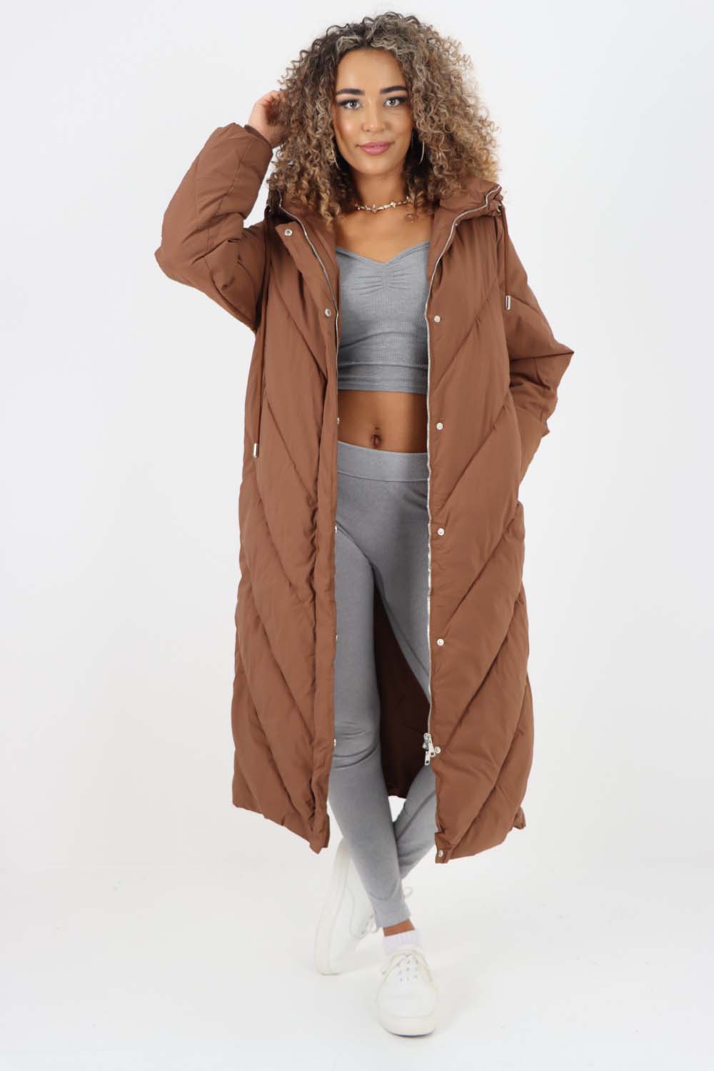 Italian Quilted Hooded Long Jacket Coat Jackets & Coat WearAll Brown One Size (8-18)