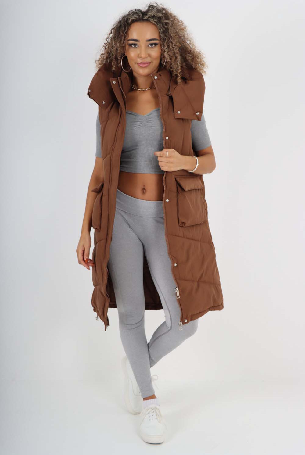 Italian Padded Pockets Hooded Long Gilet Jackets & Coat WearAll