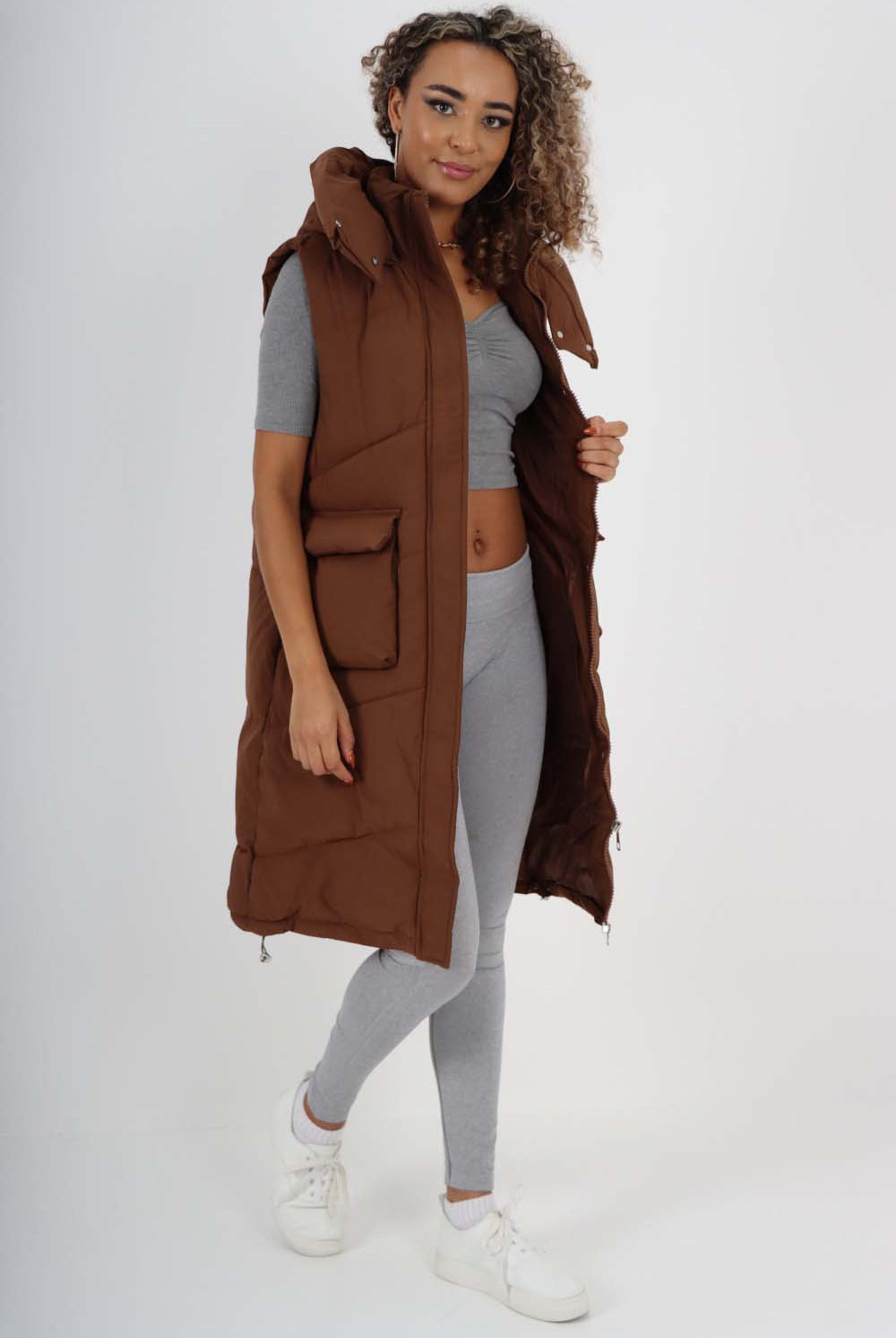 Italian Padded Pockets Hooded Long Gilet Jackets & Coat WearAll