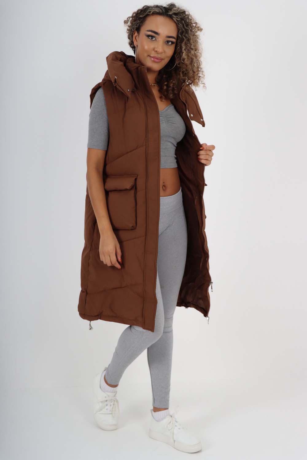 Italian Padded Pockets Hooded Long Gilet Jackets & Coat WearAll