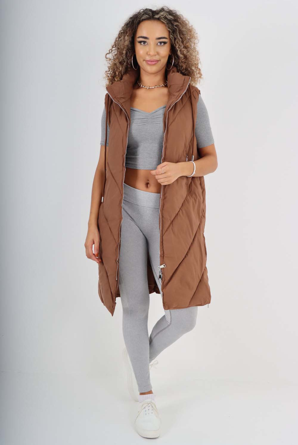 Italian Padded Pockets Hooded Zip up Long Gilet Jackets & Coat WearAll