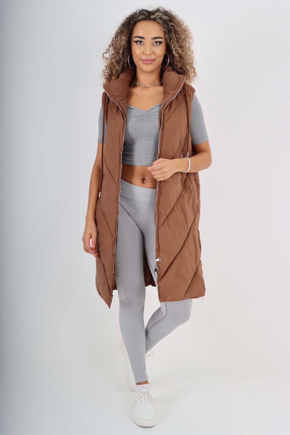 Italian Padded Pockets Hooded Zip up Long Gilet Jackets & Coat WearAll