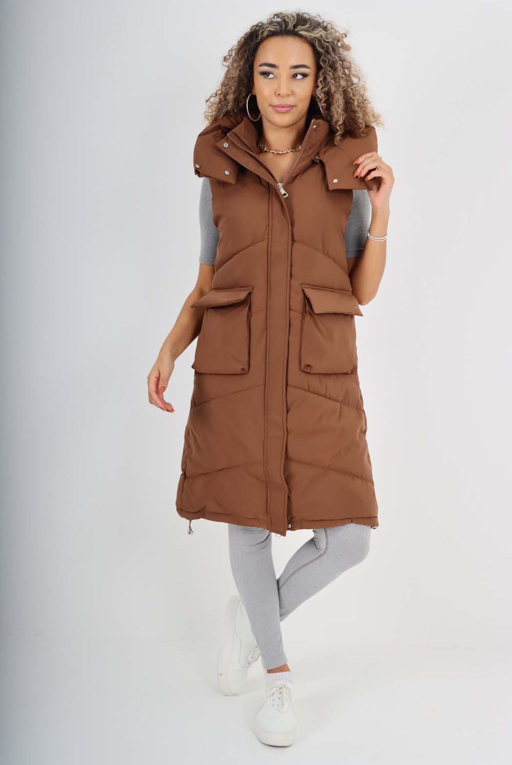 Italian Padded Pockets Hooded Long Gilet Jackets & Coat WearAll