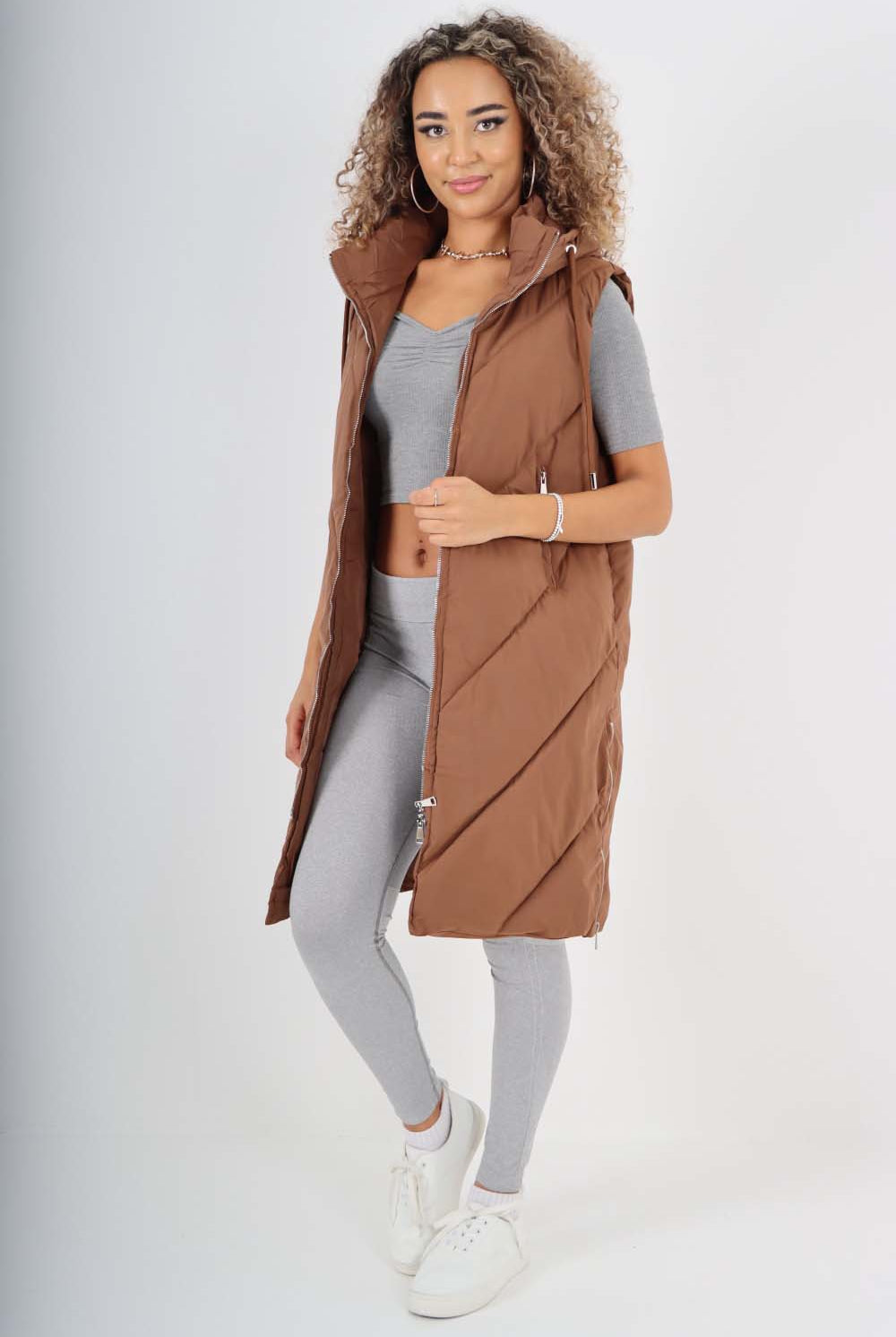 Italian Padded Pockets Hooded Zip up Long Gilet Jackets & Coat WearAll