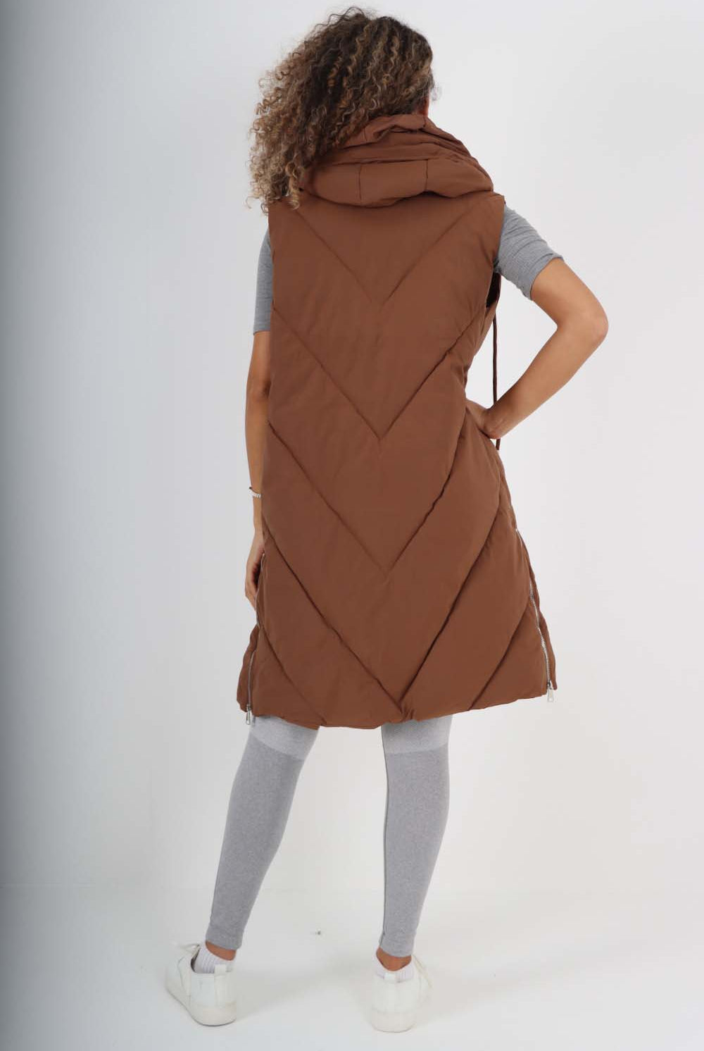 Italian Padded Pockets Hooded Zip up Long Gilet Jackets & Coat WearAll