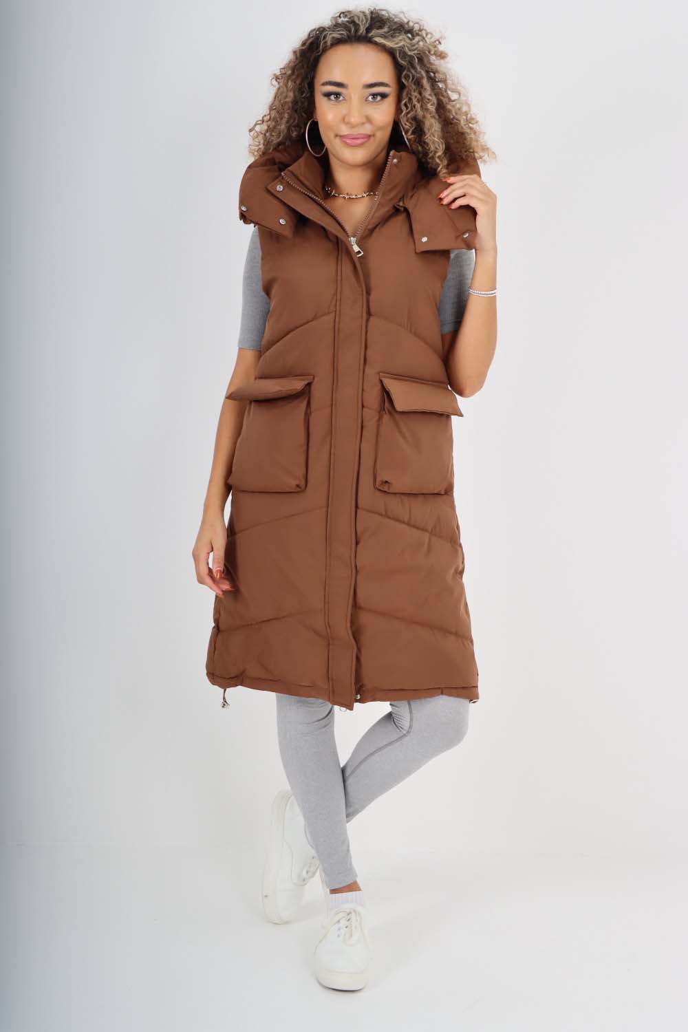 Italian Padded Pockets Hooded Long Gilet Jackets & Coat WearAll