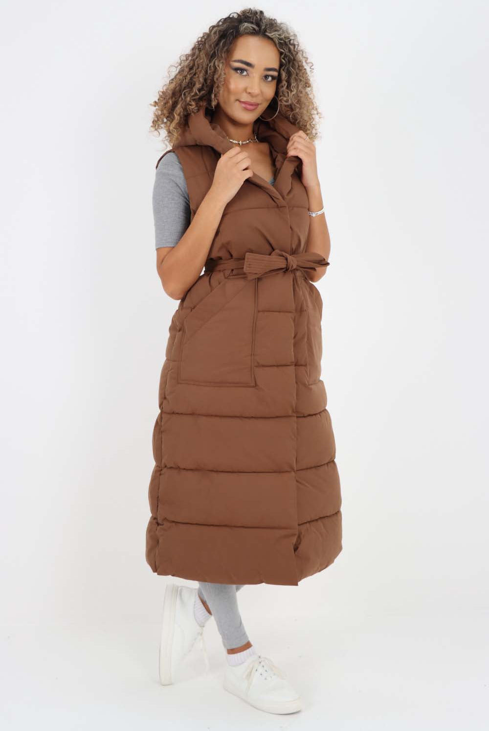Italian Belted Hooded Long Gilet Jackets & Coat WearAll Brown One Size(Fits UK 10-18)